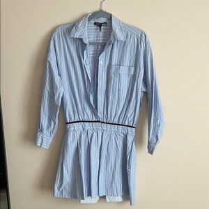 MAJE Striped Light Blue Shirt Dress with Cinched Waist